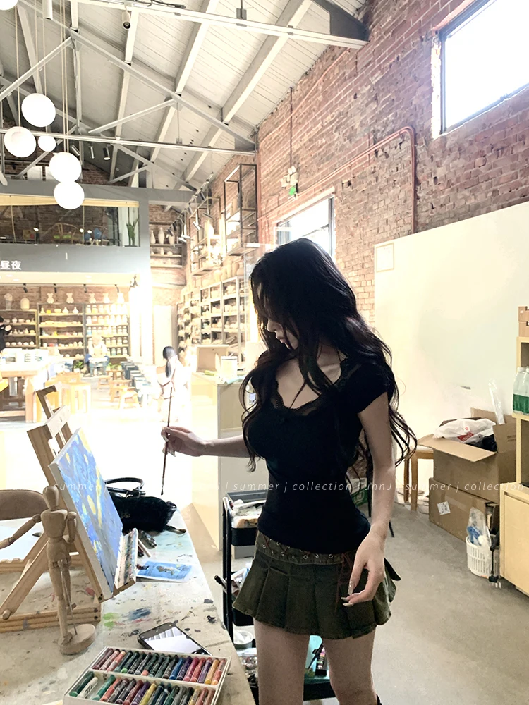 Tonngirls Sexy Cotton T Shirt Women Lace Patchwork Y2k Vintage Crop Tops Streetwear Korean Style Tshirts Skinny Summer Tee Tops