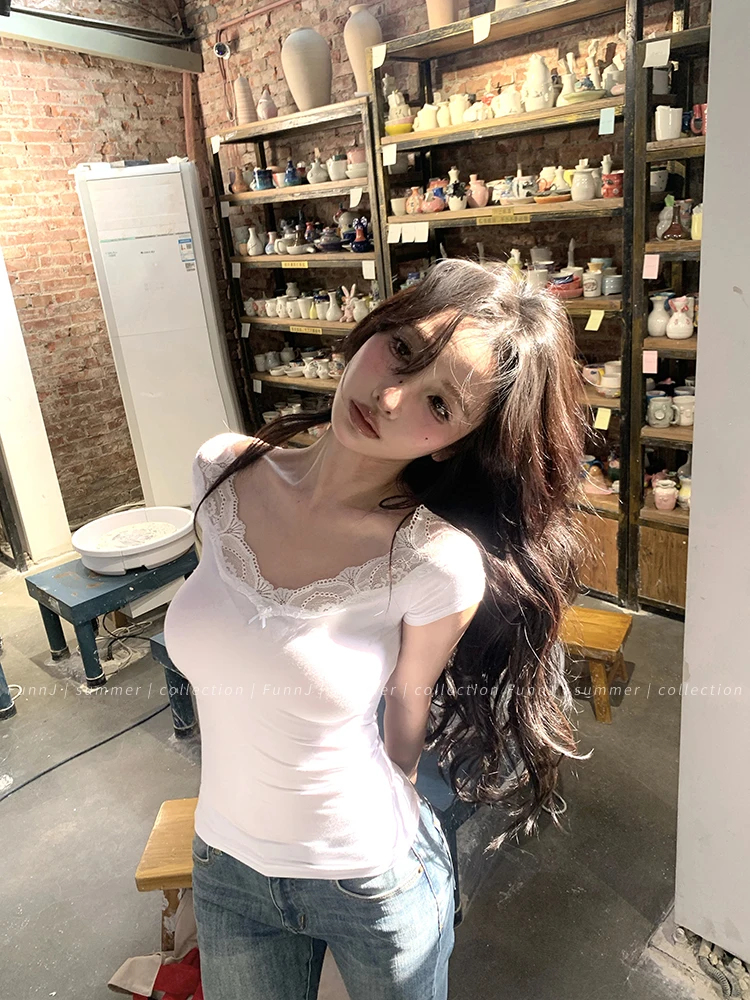 Tonngirls Sexy Cotton T Shirt Women Lace Patchwork Y2k Vintage Crop Tops Streetwear Korean Style Tshirts Skinny Summer Tee Tops