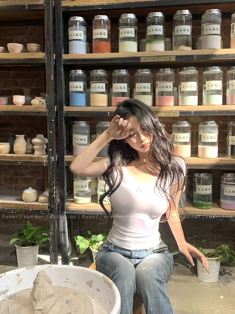 Tonngirls Sexy Cotton T Shirt Women Lace Patchwork Y2k Vintage Crop Tops Streetwear Korean Style Tshirts Skinny Summer Tee Tops