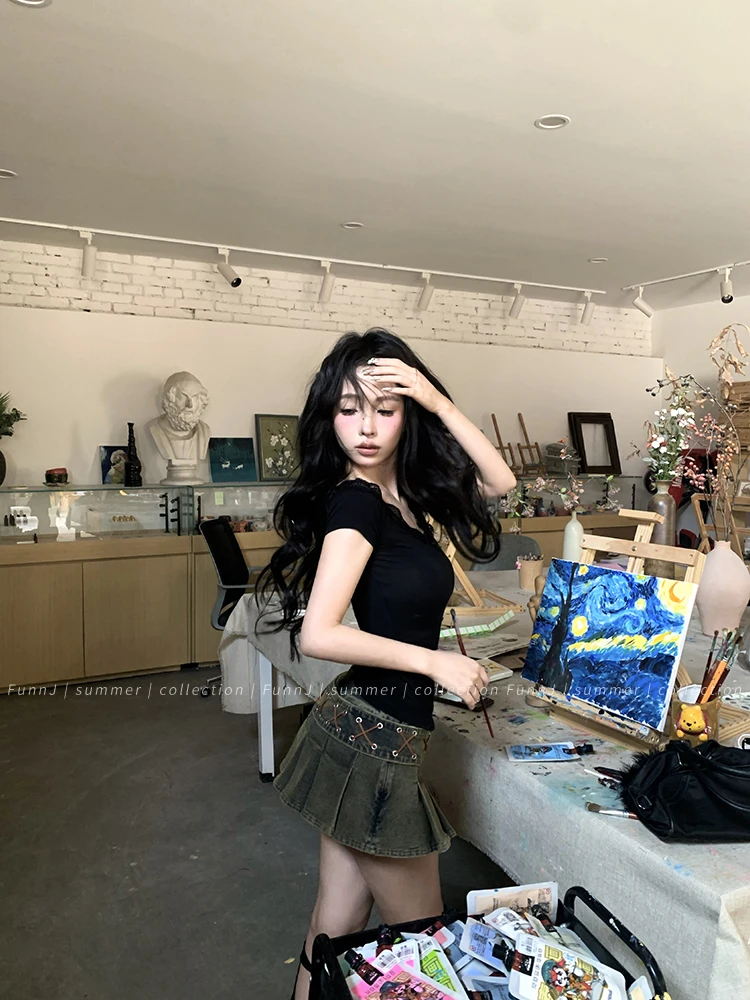 Tonngirls Sexy Cotton T Shirt Women Lace Patchwork Y2k Vintage Crop Tops Streetwear Korean Style Tshirts Skinny Summer Tee Tops