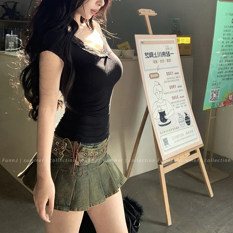 Tonngirls Sexy Cotton T Shirt Women Lace Patchwork Y2k Vintage Crop Tops Streetwear Korean Style Tshirts Skinny Summer Tee Tops