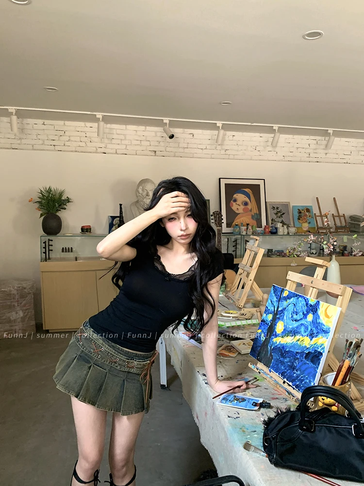 Tonngirls Sexy Cotton T Shirt Women Lace Patchwork Y2k Vintage Crop Tops Streetwear Korean Style Tshirts Skinny Summer Tee Tops
