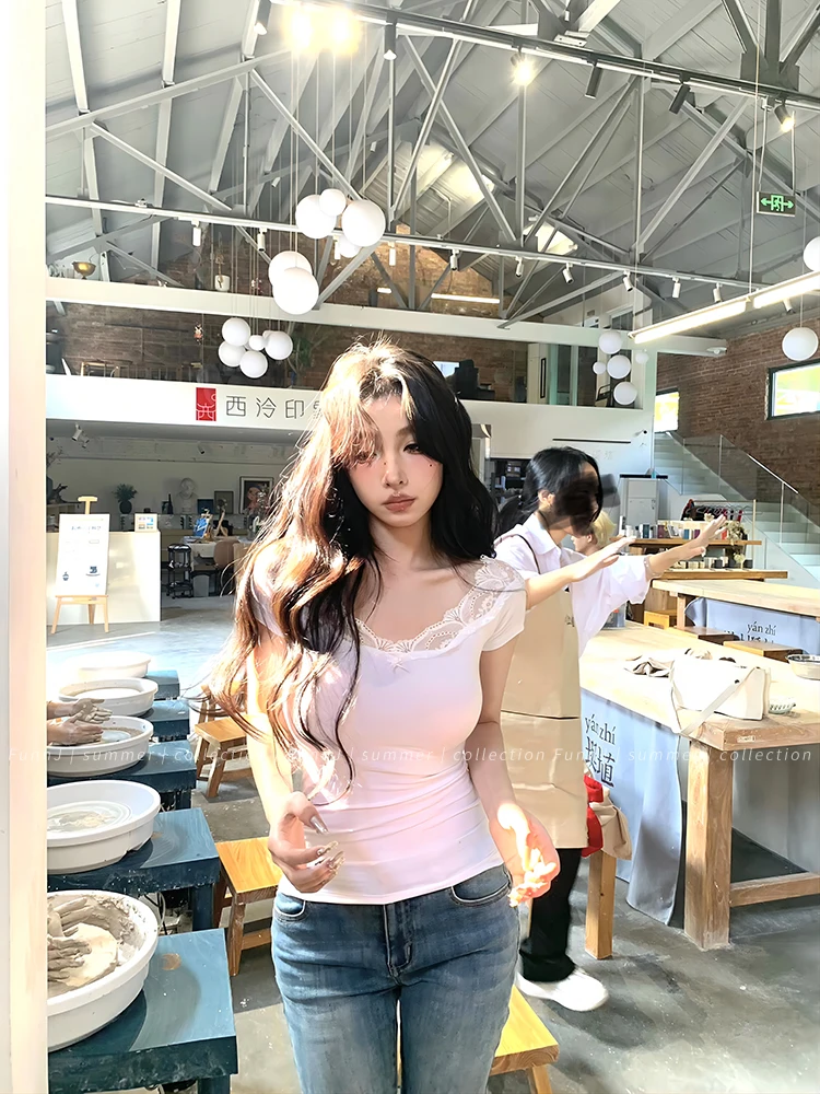 Tonngirls Sexy Cotton T Shirt Women Lace Patchwork Y2k Vintage Crop Tops Streetwear Korean Style Tshirts Skinny Summer Tee Tops