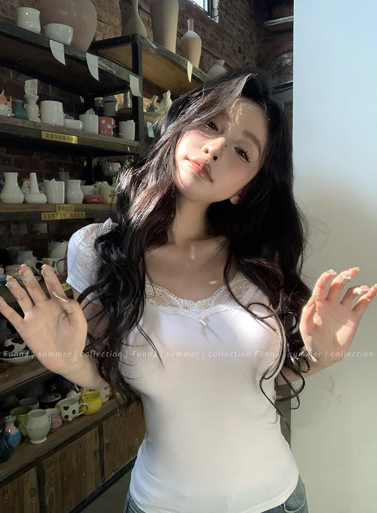 Tonngirls Sexy Cotton T Shirt Women Lace Patchwork Y2k Vintage Crop Tops Streetwear Korean Style Tshirts Skinny Summer Tee Tops