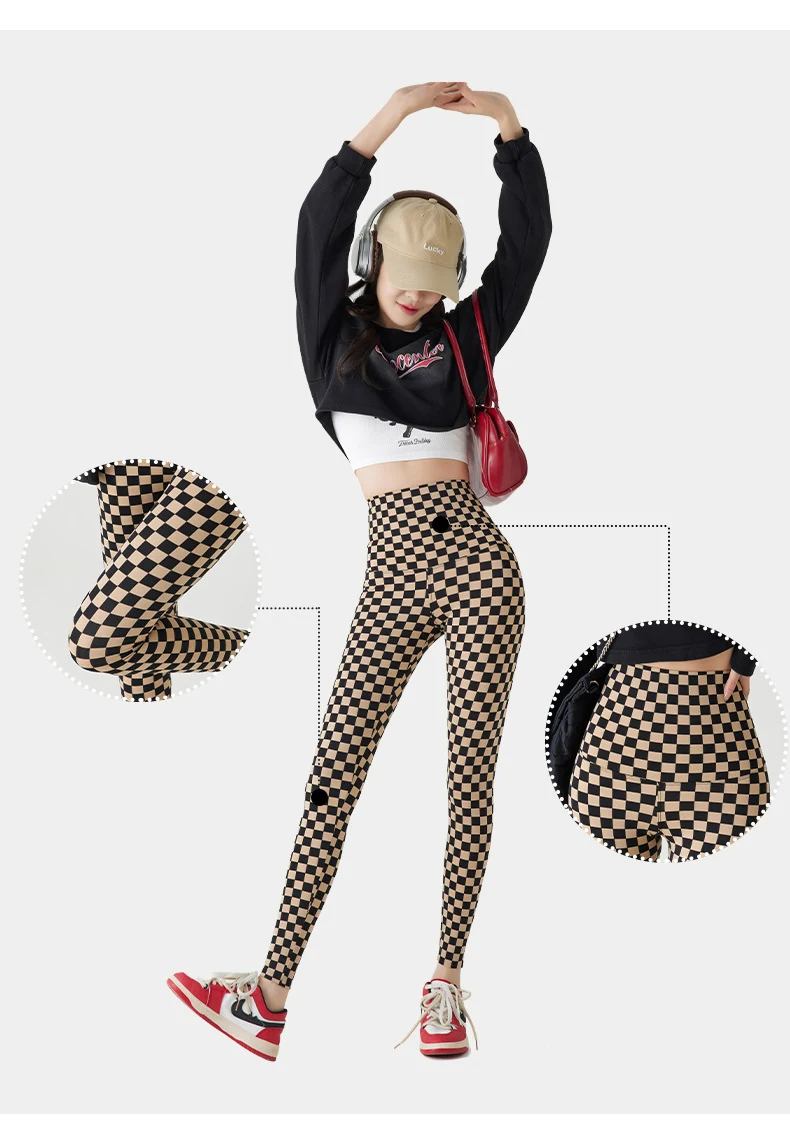 BIVIGAOS New Checkerboard Plaid Shark Leggings Women High Waist Tight Slim Push Up Leggings Seamless Sports Fitness Leggings