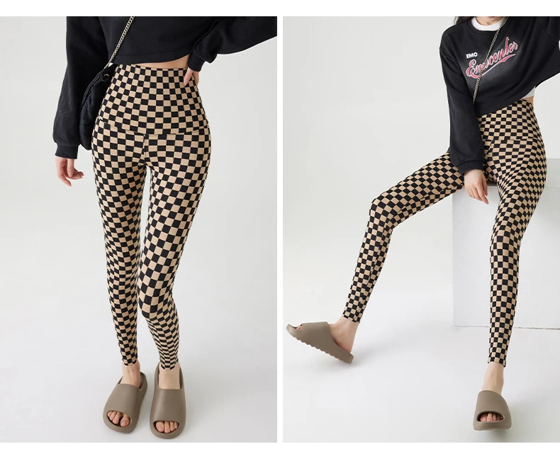 BIVIGAOS New Checkerboard Plaid Shark Leggings Women High Waist Tight Slim Push Up Leggings Seamless Sports Fitness Leggings