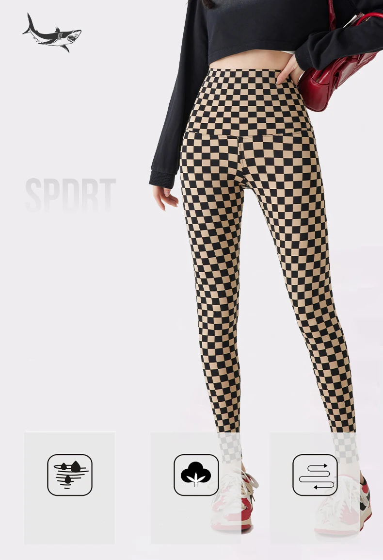 BIVIGAOS New Checkerboard Plaid Shark Leggings Women High Waist Tight Slim Push Up Leggings Seamless Sports Fitness Leggings