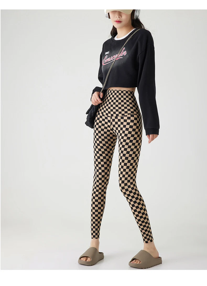 BIVIGAOS New Checkerboard Plaid Shark Leggings Women High Waist Tight Slim Push Up Leggings Seamless Sports Fitness Leggings