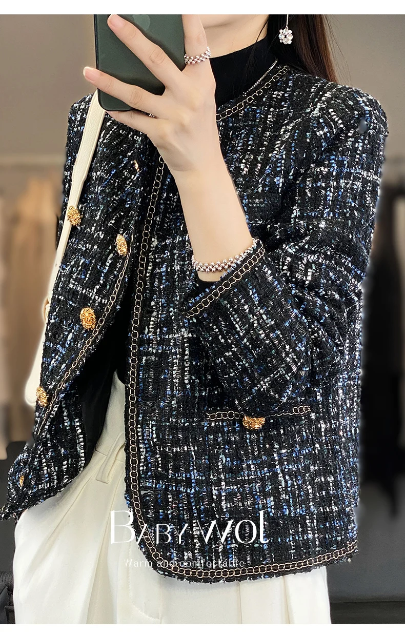 Autumn Winter Women Round Neck Woolen Coat Women Fashion Casual Knitted Cardigan Chic Button Short Tweed Soft Jacket