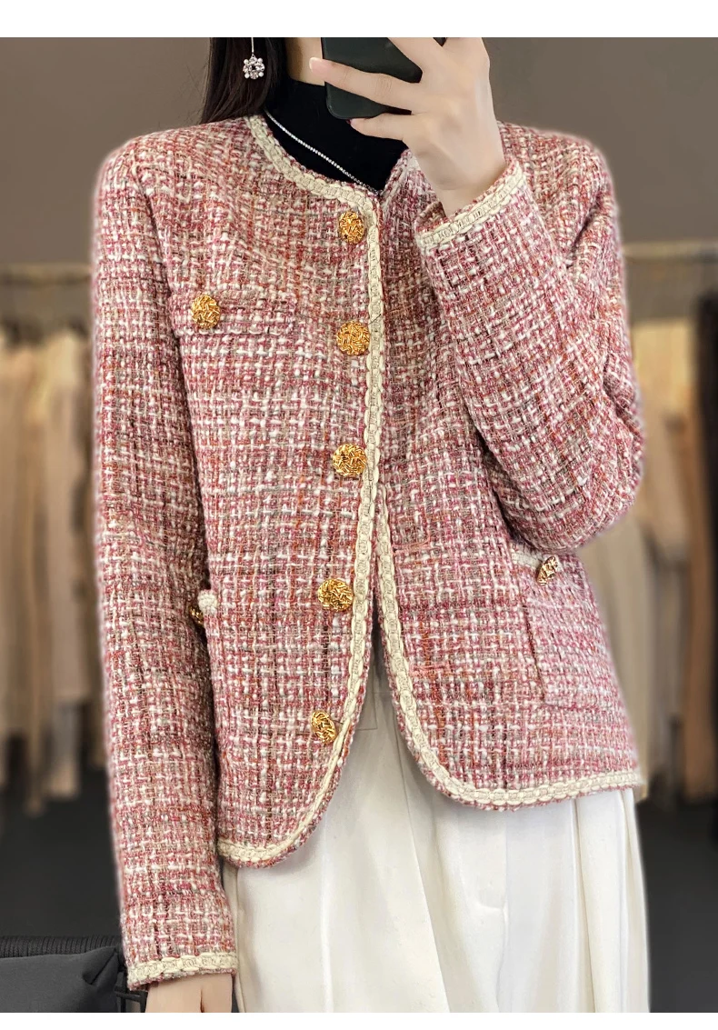 Autumn Winter Women Round Neck Woolen Coat Women Fashion Casual Knitted Cardigan Chic Button Short Tweed Soft Jacket