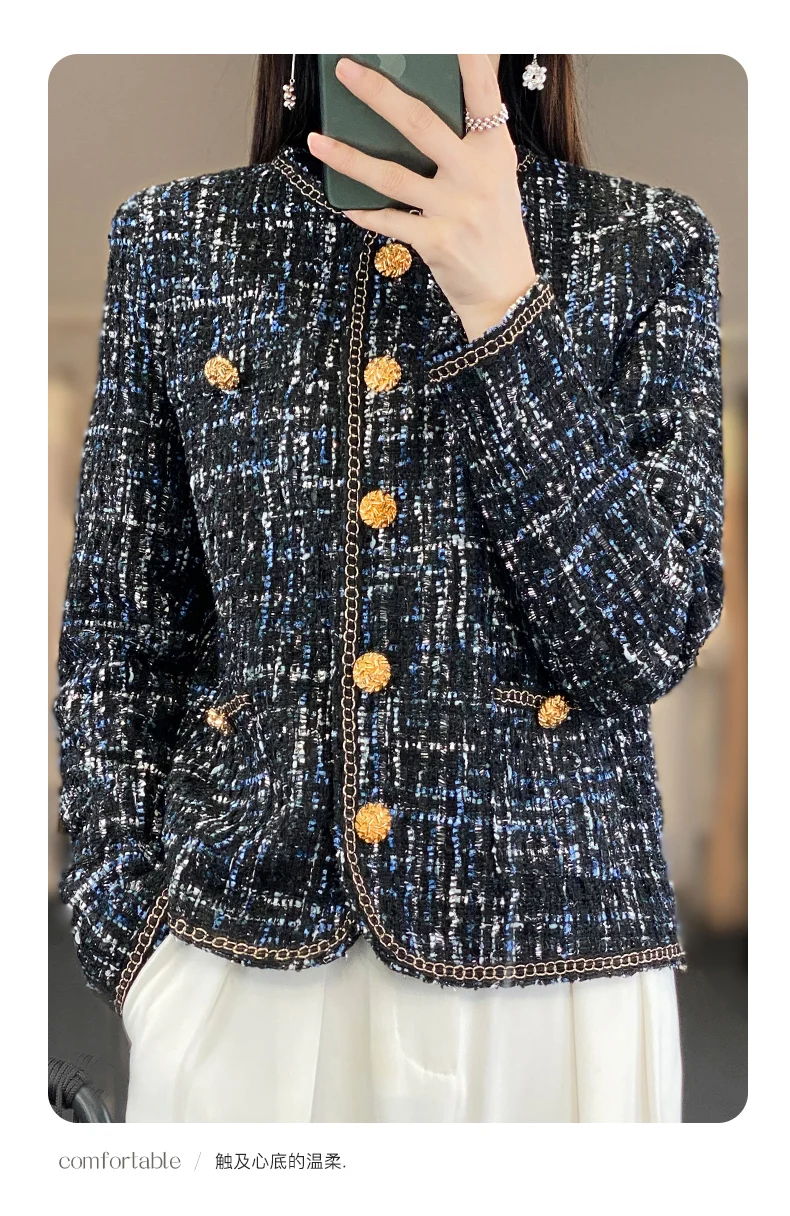 Autumn Winter Women Round Neck Woolen Coat Women Fashion Casual Knitted Cardigan Chic Button Short Tweed Soft Jacket