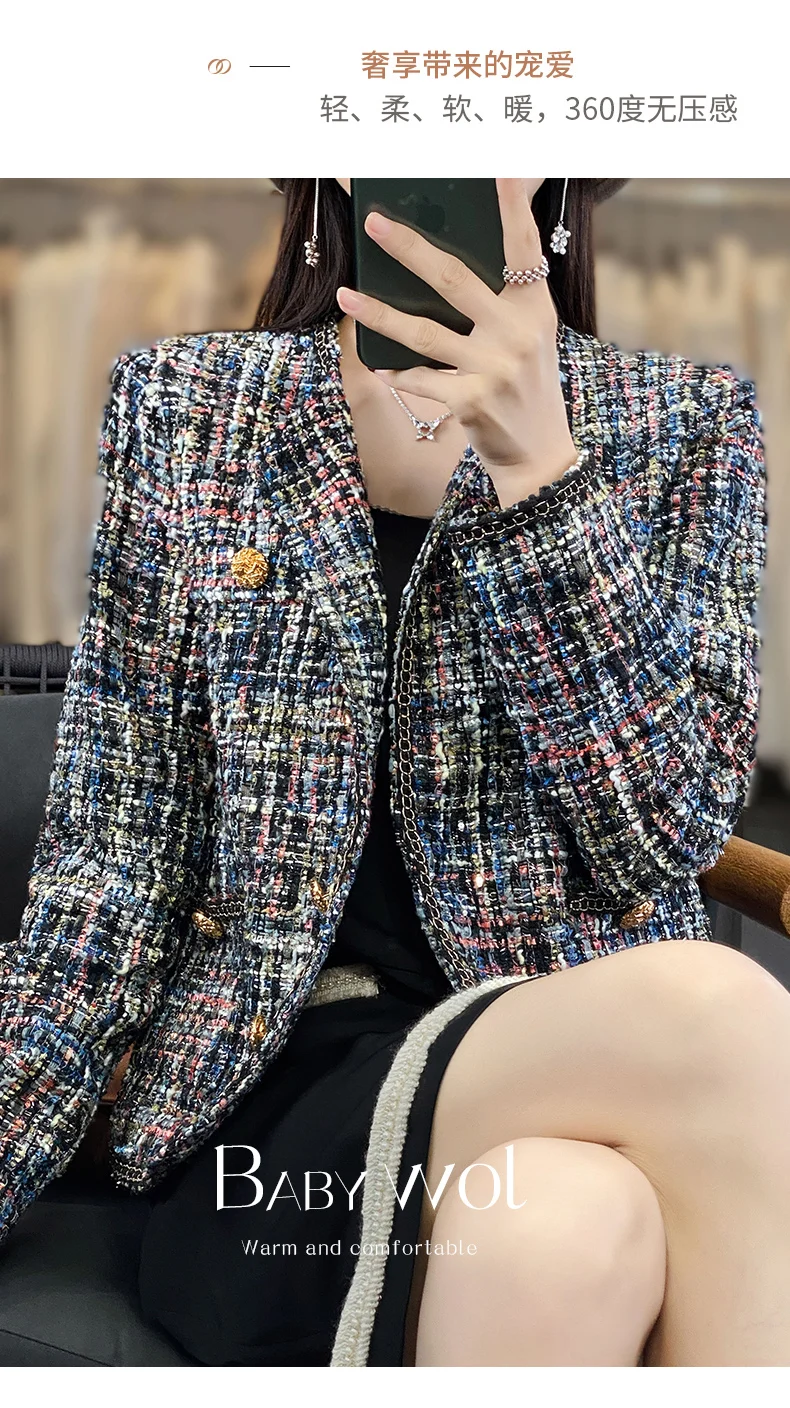 Autumn Winter Women Round Neck Woolen Coat Women Fashion Casual Knitted Cardigan Chic Button Short Tweed Soft Jacket