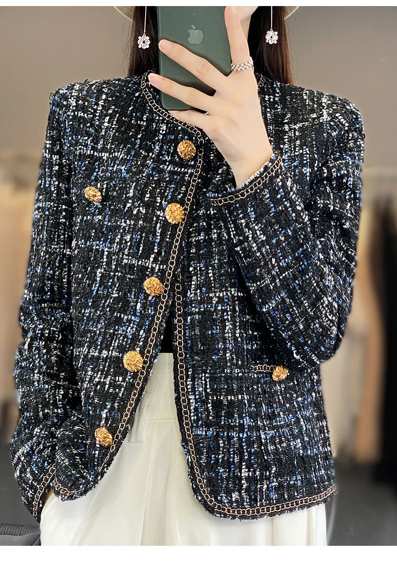 Autumn Winter Women Round Neck Woolen Coat Women Fashion Casual Knitted Cardigan Chic Button Short Tweed Soft Jacket