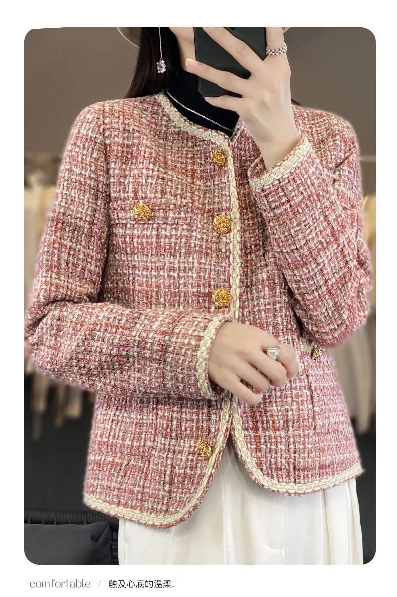 Autumn Winter Women Round Neck Woolen Coat Women Fashion Casual Knitted Cardigan Chic Button Short Tweed Soft Jacket