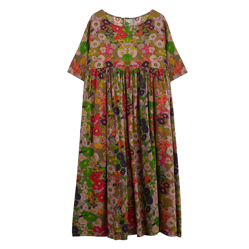 Cotton Short Sleeve Purple Print Vintage Long Dresses For Women 2026 Summer Casual Loose Dress Femme Vestidos Elegant Clothing
