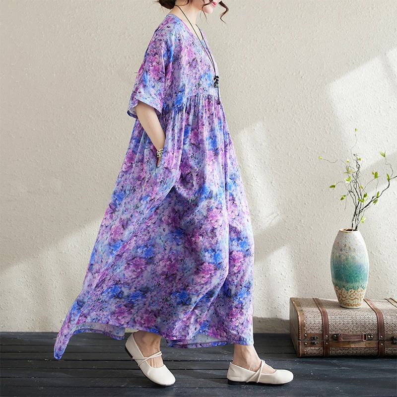 Cotton Short Sleeve Purple Print Vintage Long Dresses For Women 2026 Summer Casual Loose Dress Femme Vestidos Elegant Clothing