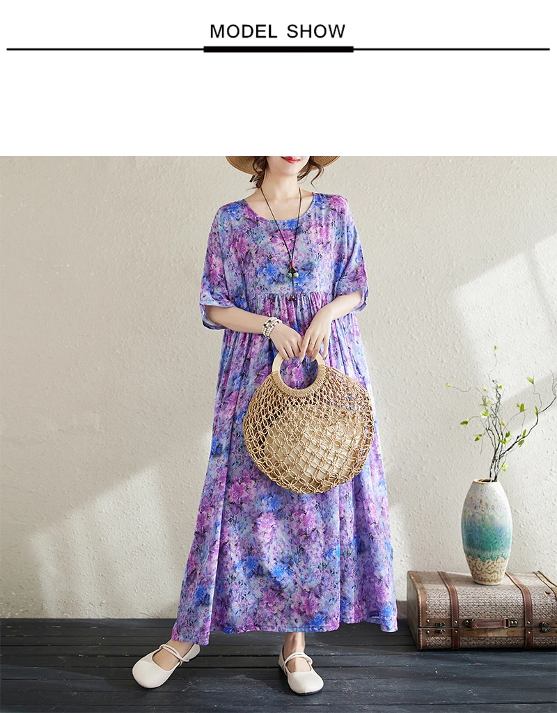 Cotton Short Sleeve Purple Print Vintage Long Dresses For Women 2026 Summer Casual Loose Dress Femme Vestidos Elegant Clothing