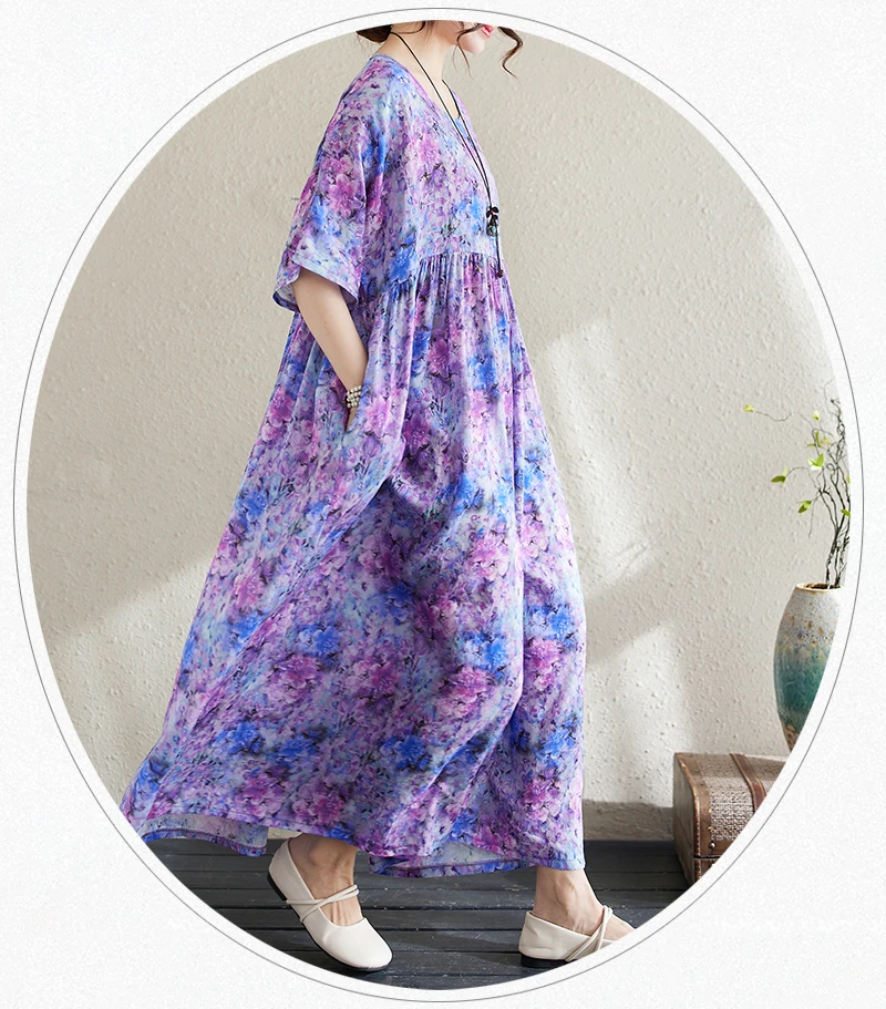 Cotton Short Sleeve Purple Print Vintage Long Dresses For Women 2026 Summer Casual Loose Dress Femme Vestidos Elegant Clothing