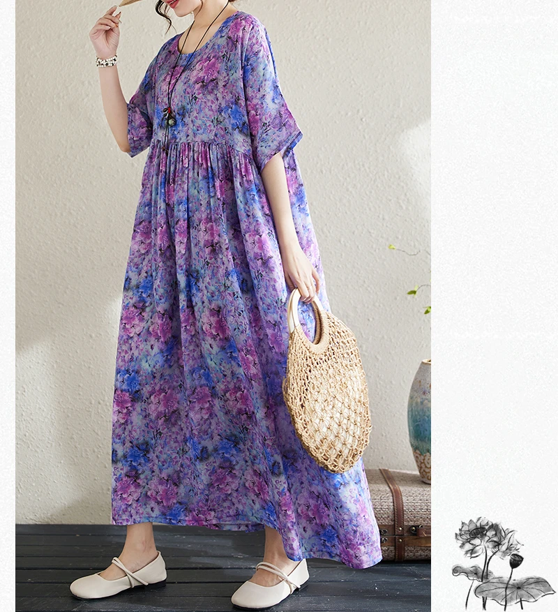 Cotton Short Sleeve Purple Print Vintage Long Dresses For Women 2026 Summer Casual Loose Dress Femme Vestidos Elegant Clothing
