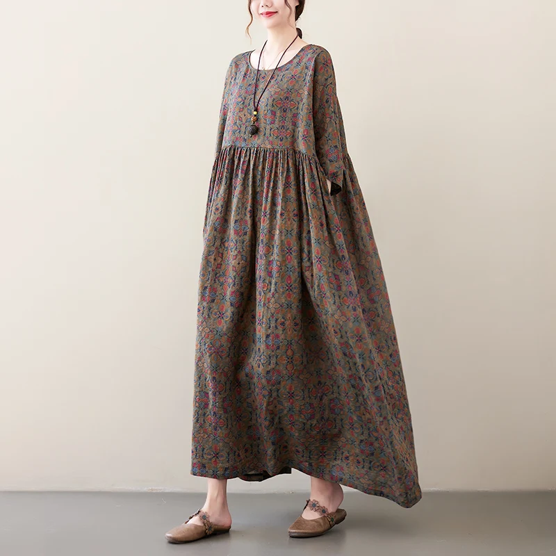 Cotton Short Sleeve Purple Print Vintage Long Dresses For Women 2026 Summer Casual Loose Dress Femme Vestidos Elegant Clothing