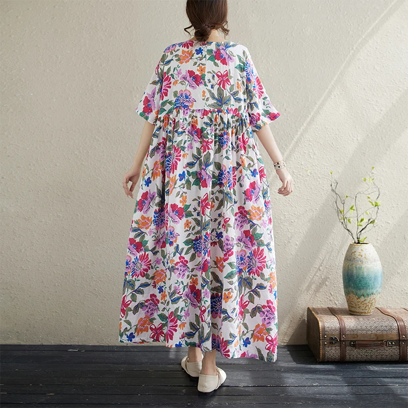 Cotton Short Sleeve Purple Print Vintage Long Dresses For Women 2026 Summer Casual Loose Dress Femme Vestidos Elegant Clothing