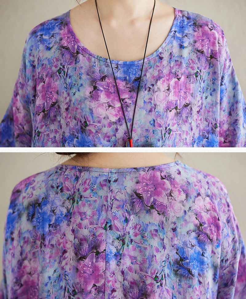Cotton Short Sleeve Purple Print Vintage Long Dresses For Women 2026 Summer Casual Loose Dress Femme Vestidos Elegant Clothing