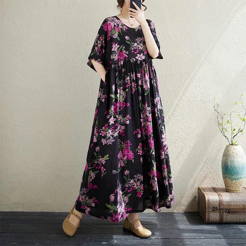 Cotton Short Sleeve Purple Print Vintage Long Dresses For Women 2026 Summer Casual Loose Dress Femme Vestidos Elegant Clothing