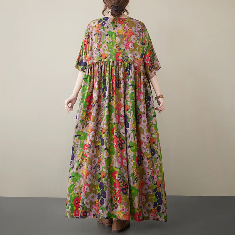 Cotton Short Sleeve Purple Print Vintage Long Dresses For Women 2026 Summer Casual Loose Dress Femme Vestidos Elegant Clothing