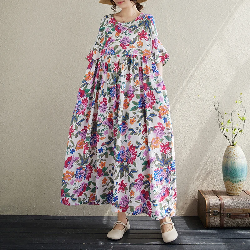Cotton Short Sleeve Purple Print Vintage Long Dresses For Women 2026 Summer Casual Loose Dress Femme Vestidos Elegant Clothing
