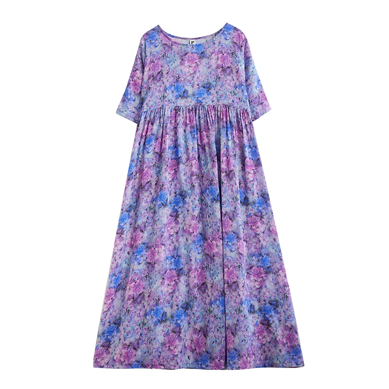 Cotton Short Sleeve Purple Print Vintage Long Dresses For Women 2026 Summer Casual Loose Dress Femme Vestidos Elegant Clothing