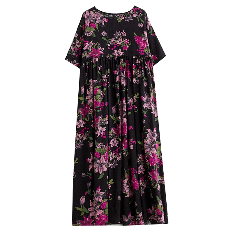 Cotton Short Sleeve Purple Print Vintage Long Dresses For Women 2026 Summer Casual Loose Dress Femme Vestidos Elegant Clothing