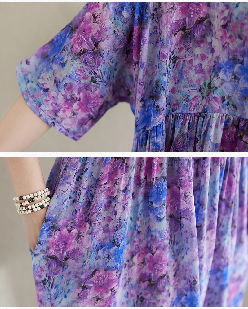 Cotton Short Sleeve Purple Print Vintage Long Dresses For Women 2026 Summer Casual Loose Dress Femme Vestidos Elegant Clothing