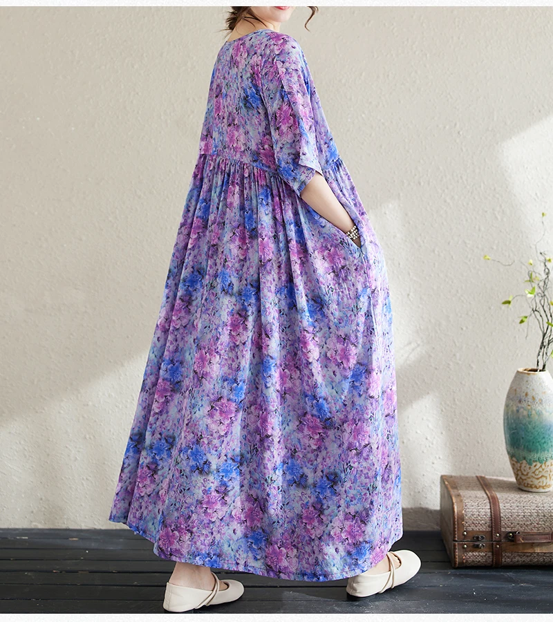 Cotton Short Sleeve Purple Print Vintage Long Dresses For Women 2026 Summer Casual Loose Dress Femme Vestidos Elegant Clothing