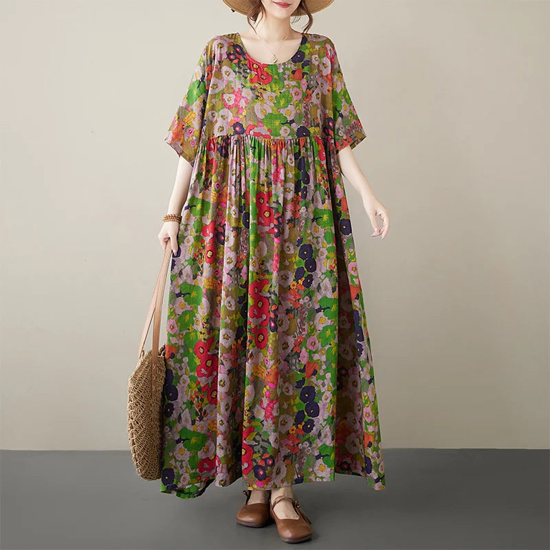 Cotton Short Sleeve Purple Print Vintage Long Dresses For Women 2026 Summer Casual Loose Dress Femme Vestidos Elegant Clothing