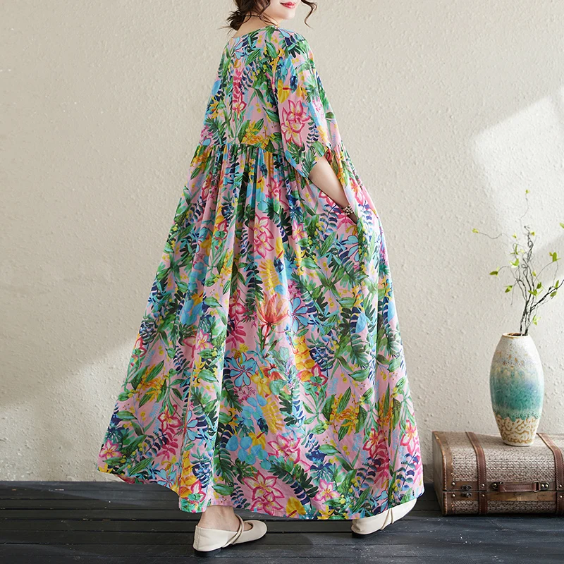 Cotton Short Sleeve Purple Print Vintage Long Dresses For Women 2026 Summer Casual Loose Dress Femme Vestidos Elegant Clothing