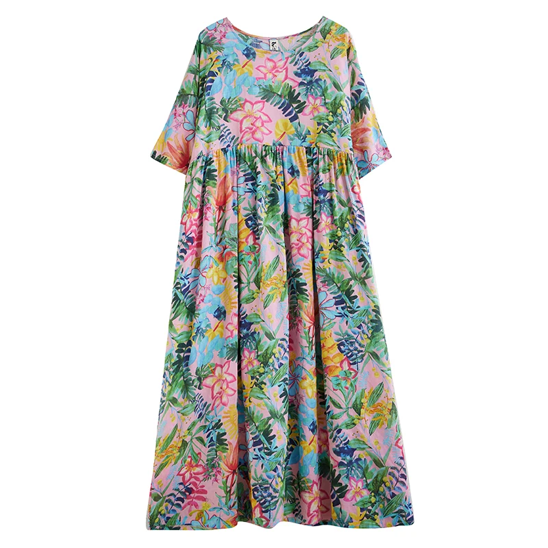 Cotton Short Sleeve Purple Print Vintage Long Dresses For Women 2026 Summer Casual Loose Dress Femme Vestidos Elegant Clothing