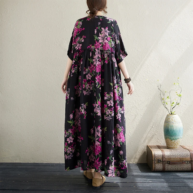 Cotton Short Sleeve Purple Print Vintage Long Dresses For Women 2026 Summer Casual Loose Dress Femme Vestidos Elegant Clothing