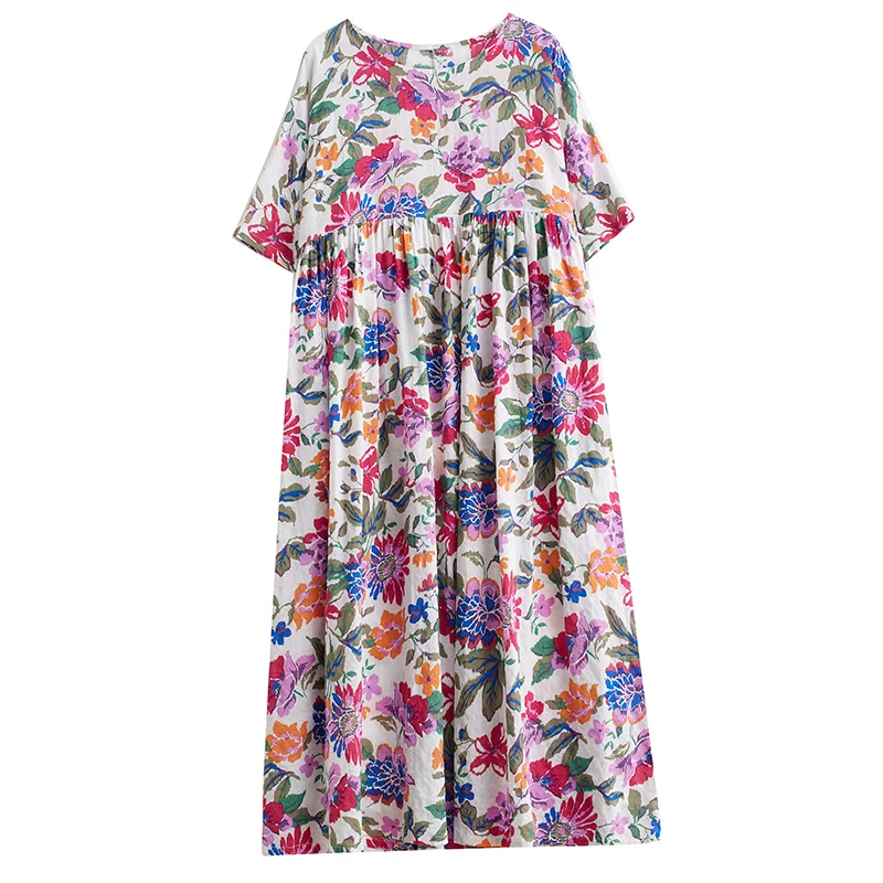 Cotton Short Sleeve Purple Print Vintage Long Dresses For Women 2026 Summer Casual Loose Dress Femme Vestidos Elegant Clothing