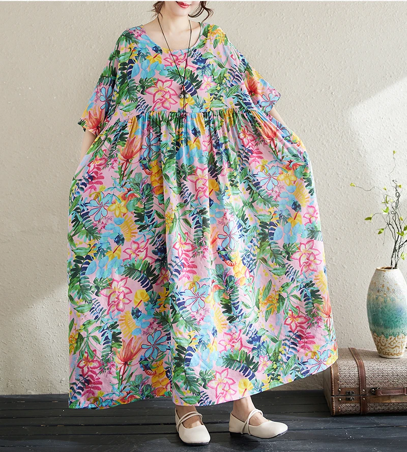 Cotton Short Sleeve Purple Print Vintage Long Dresses For Women 2026 Summer Casual Loose Dress Femme Vestidos Elegant Clothing