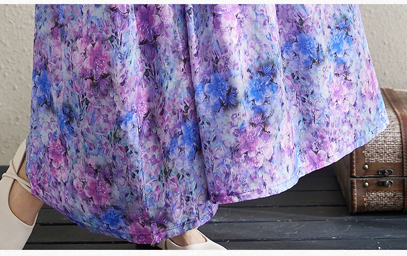 Cotton Short Sleeve Purple Print Vintage Long Dresses For Women 2026 Summer Casual Loose Dress Femme Vestidos Elegant Clothing