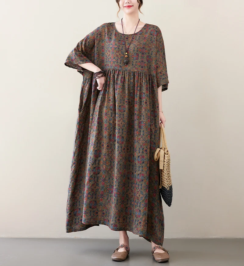 Cotton Short Sleeve Purple Print Vintage Long Dresses For Women 2026 Summer Casual Loose Dress Femme Vestidos Elegant Clothing