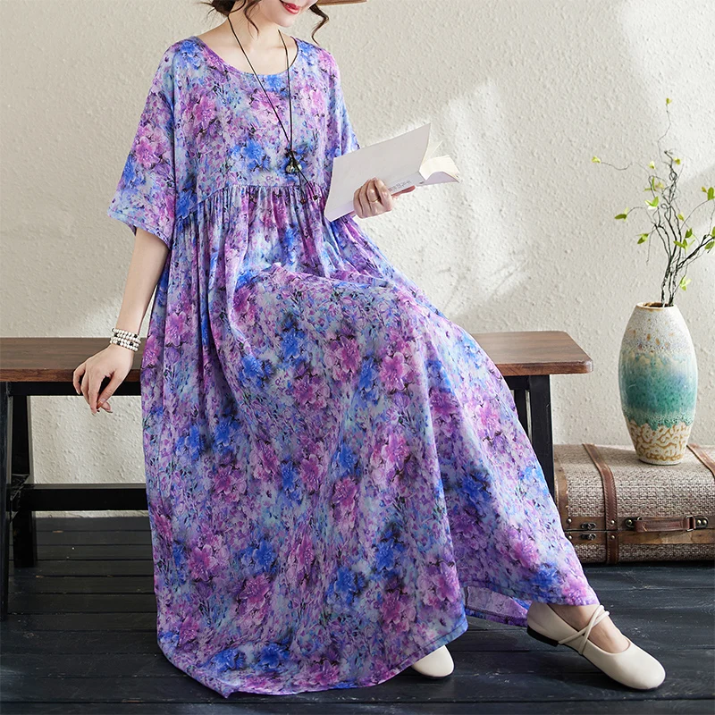 Cotton Short Sleeve Purple Print Vintage Long Dresses For Women 2026 Summer Casual Loose Dress Femme Vestidos Elegant Clothing