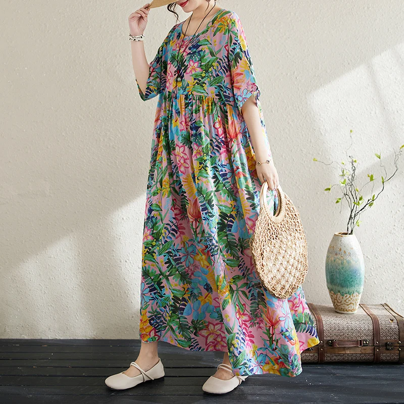 Cotton Short Sleeve Purple Print Vintage Long Dresses For Women 2026 Summer Casual Loose Dress Femme Vestidos Elegant Clothing