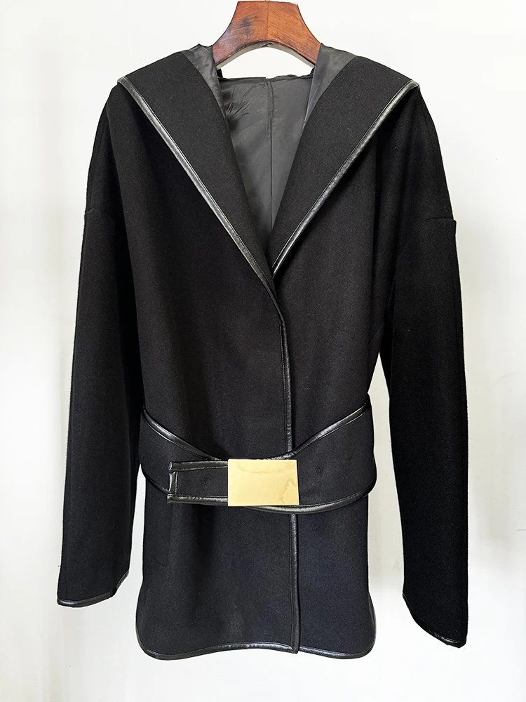 HIGH STREET Newest 2026 Designer Jacket Women's Batwing Sleeve Belted Hooded Wool Blends Coat