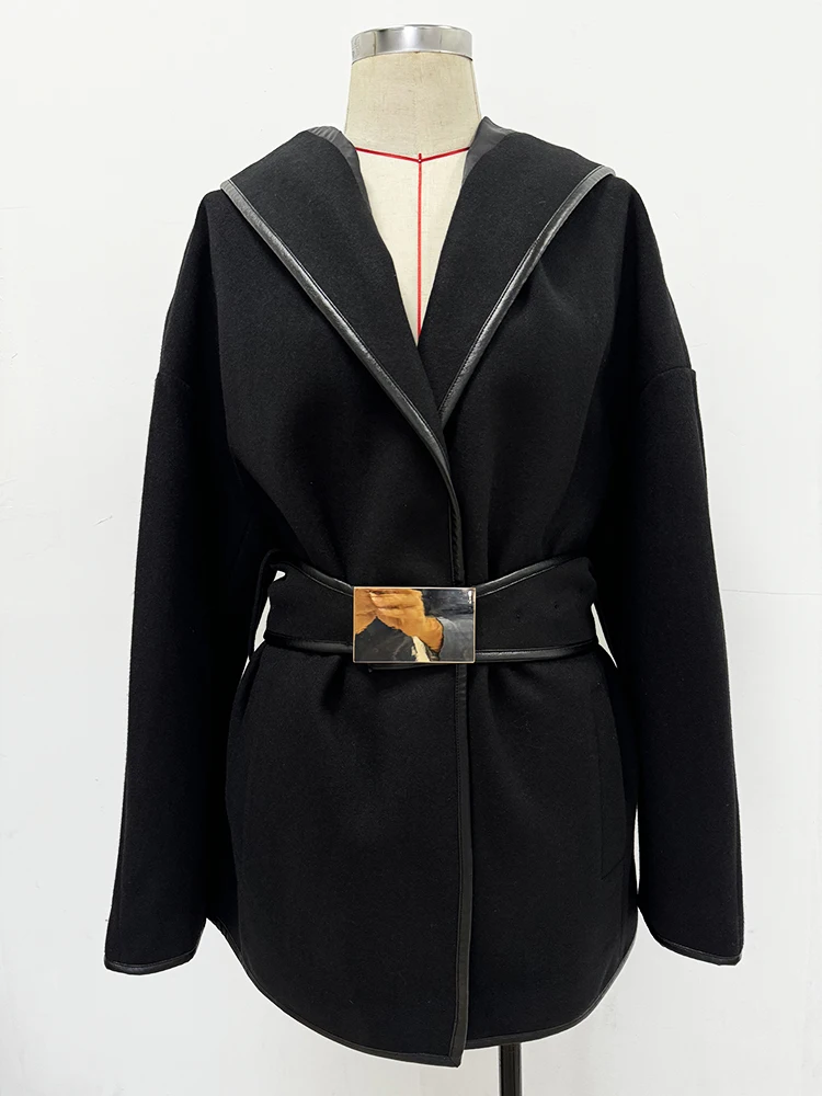 HIGH STREET Newest 2026 Designer Jacket Women's Batwing Sleeve Belted Hooded Wool Blends Coat
