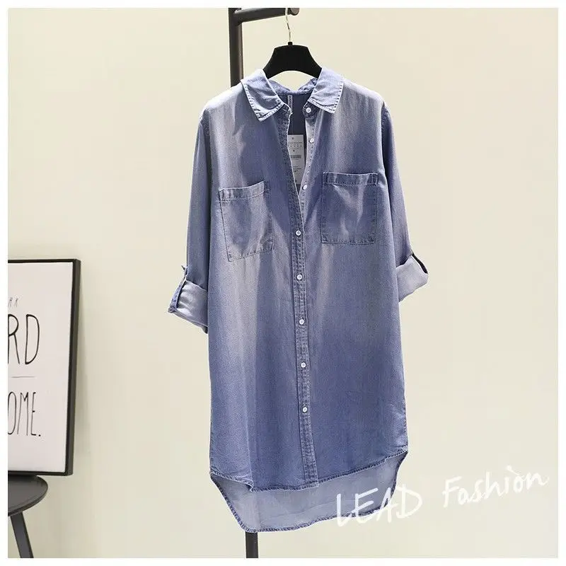 Fashion Women's Clothing Shirt Medium Long Containing Cotton Shirt Loose Fit Long Sleeve Double Pocket Rolled Sleeve Thin Blouse