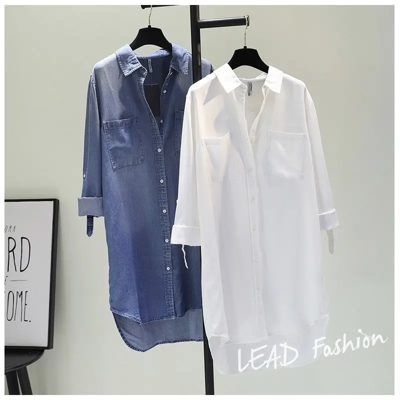 Fashion Women's Clothing Shirt Medium Long Containing Cotton Shirt Loose Fit Long Sleeve Double Pocket Rolled Sleeve Thin Blouse