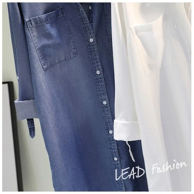 Fashion Women's Clothing Shirt Medium Long Containing Cotton Shirt Loose Fit Long Sleeve Double Pocket Rolled Sleeve Thin Blouse