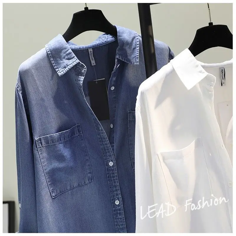 Fashion Women's Clothing Shirt Medium Long Containing Cotton Shirt Loose Fit Long Sleeve Double Pocket Rolled Sleeve Thin Blouse