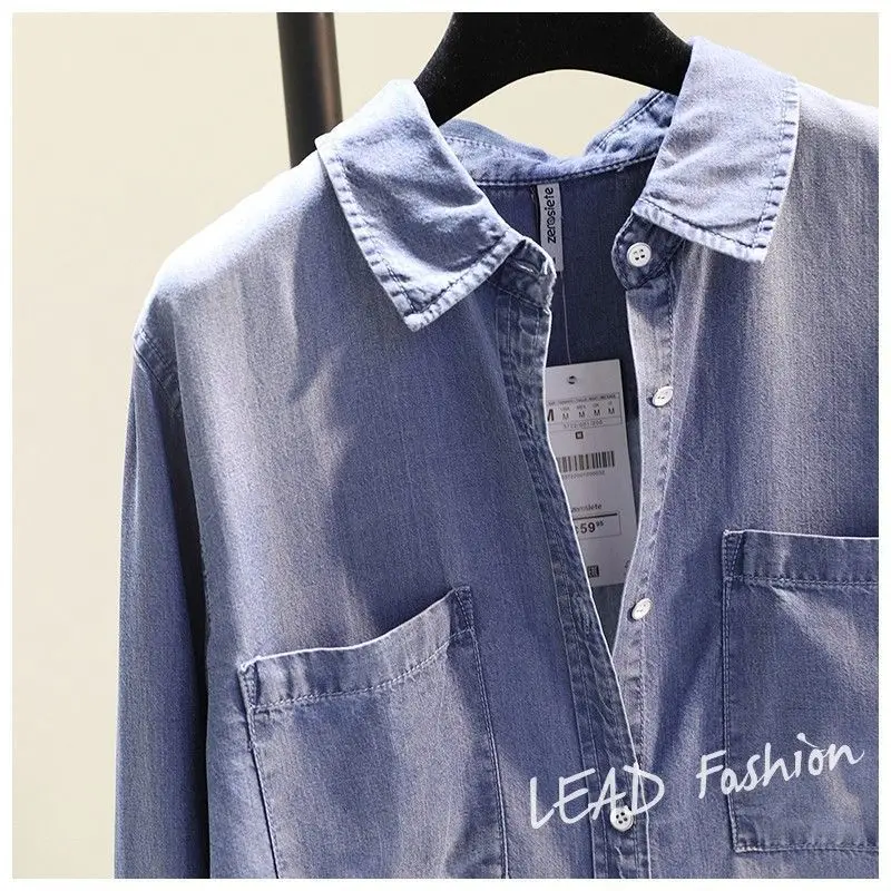 Fashion Women's Clothing Shirt Medium Long Containing Cotton Shirt Loose Fit Long Sleeve Double Pocket Rolled Sleeve Thin Blouse